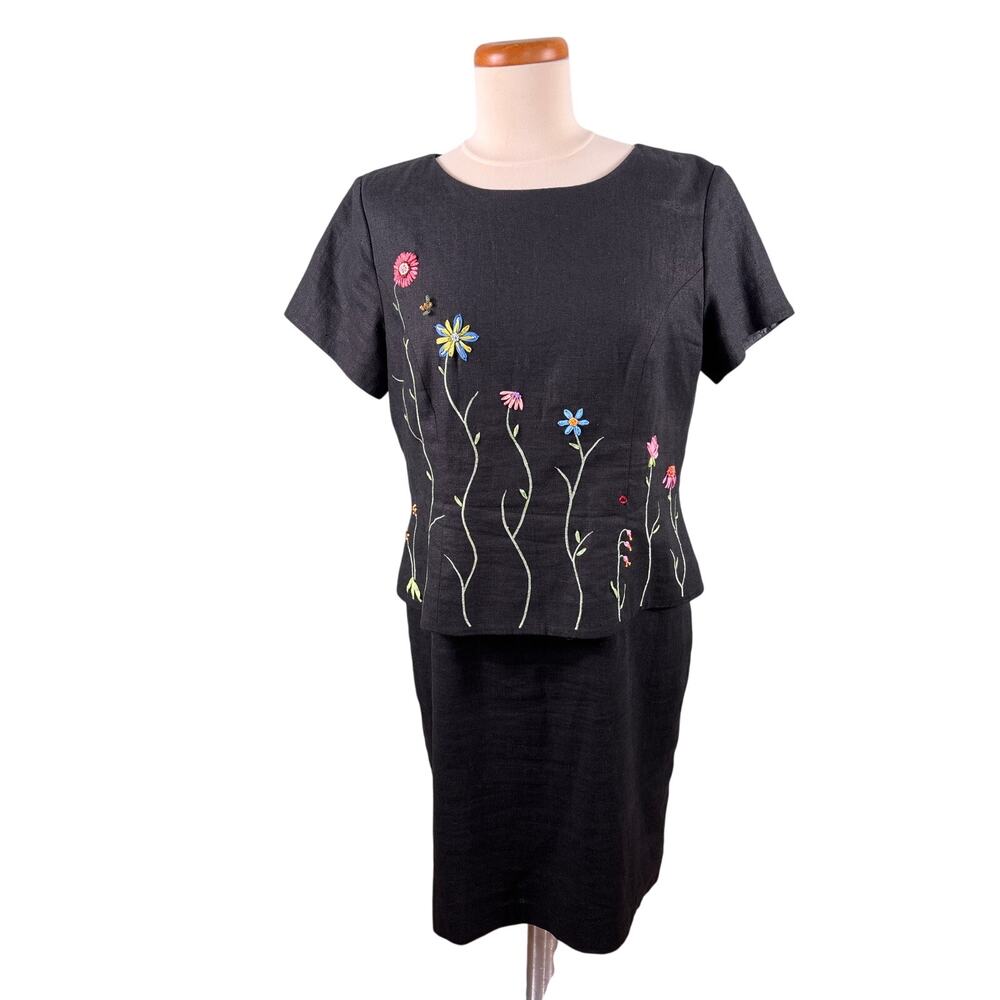 Women's Linen Dress Positive Attitude Size14P Floral Ladybug‎ Lined Embroidered